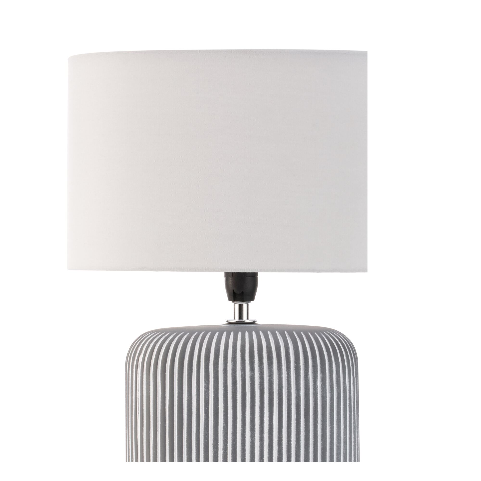 Modern table lamp with grey ribbed ceramic base and white fabric shade for home lighting