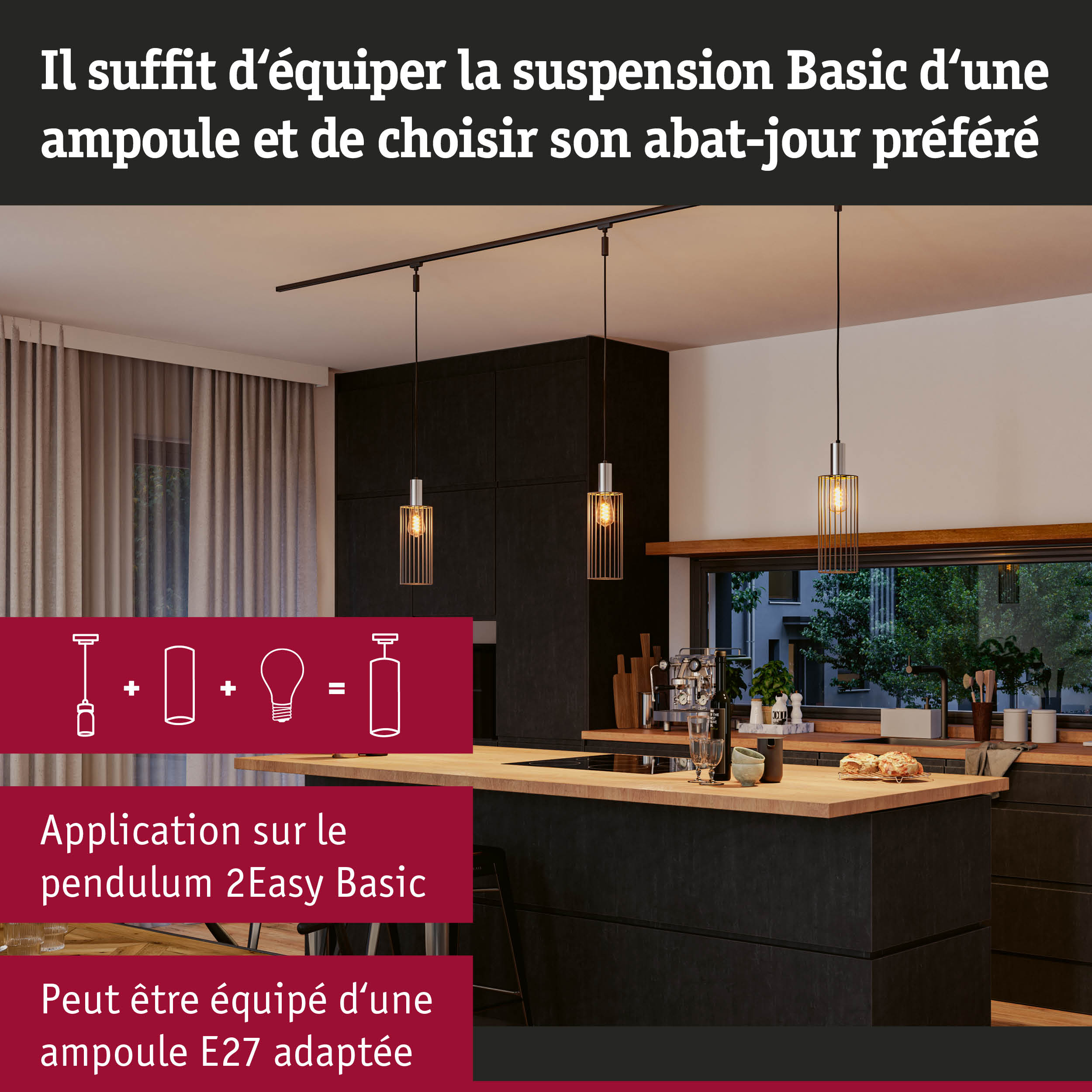 Suspensions modernes en métal noir avec ampoules chaudes au-dessus d'un îlot de cuisine dans un salon