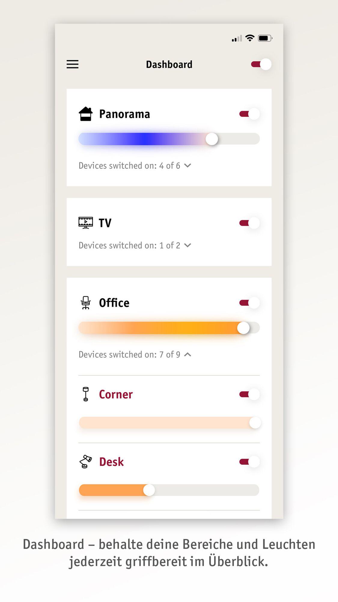 Smart home dashboard displaying light control for Panorama, TV, and Office with color sliders and switches.