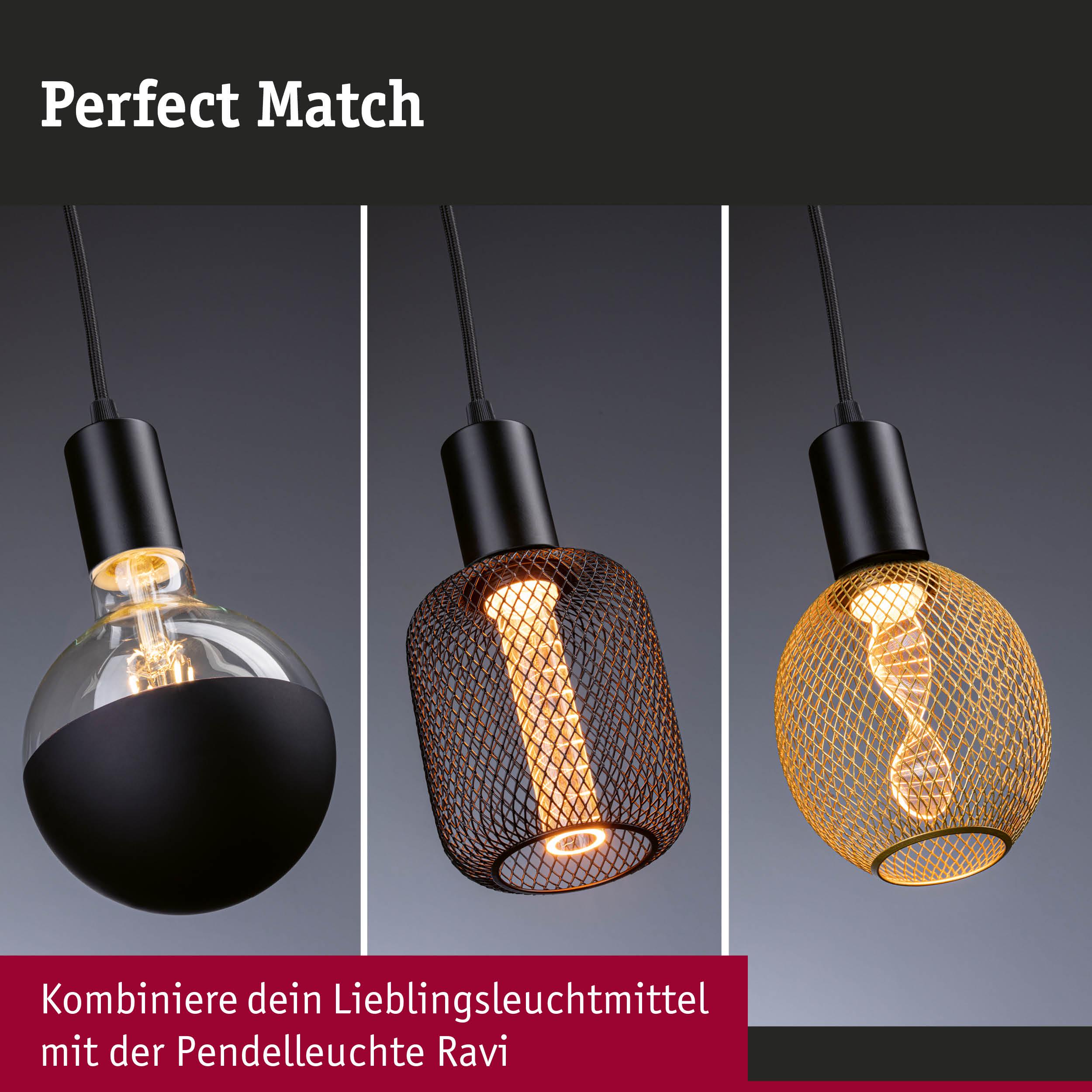 Drei Pendelleuchten mit schwarzem Kabel und verschiedenen Lampenschirmen aus Metall und Glas für Wohnraumbeleuchtung