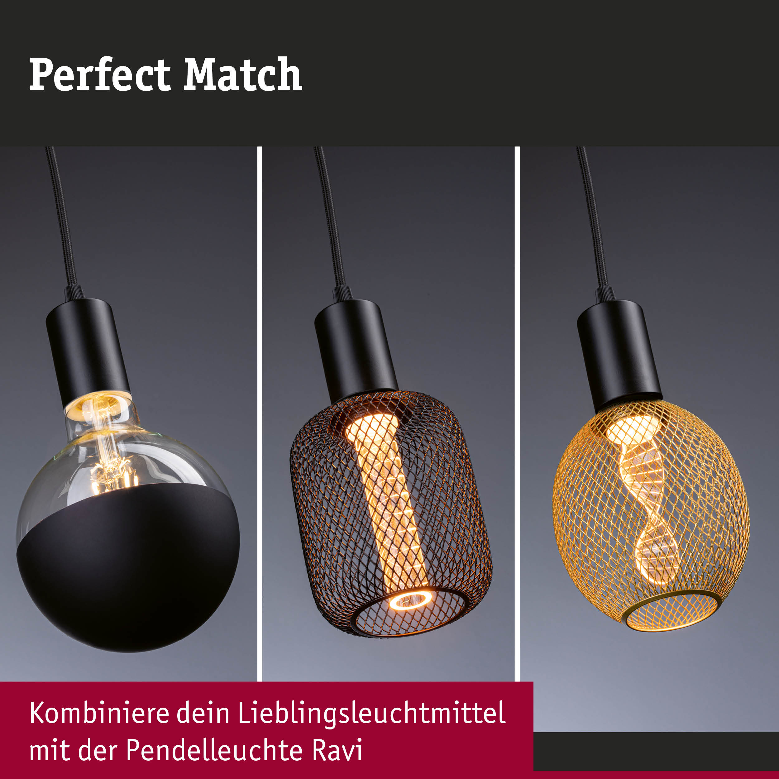 Drei schwarze Pendelleuchten Ravi mit Glas- und Metallgitterschirmen in Schwarz und Gold für moderne Beleuchtung