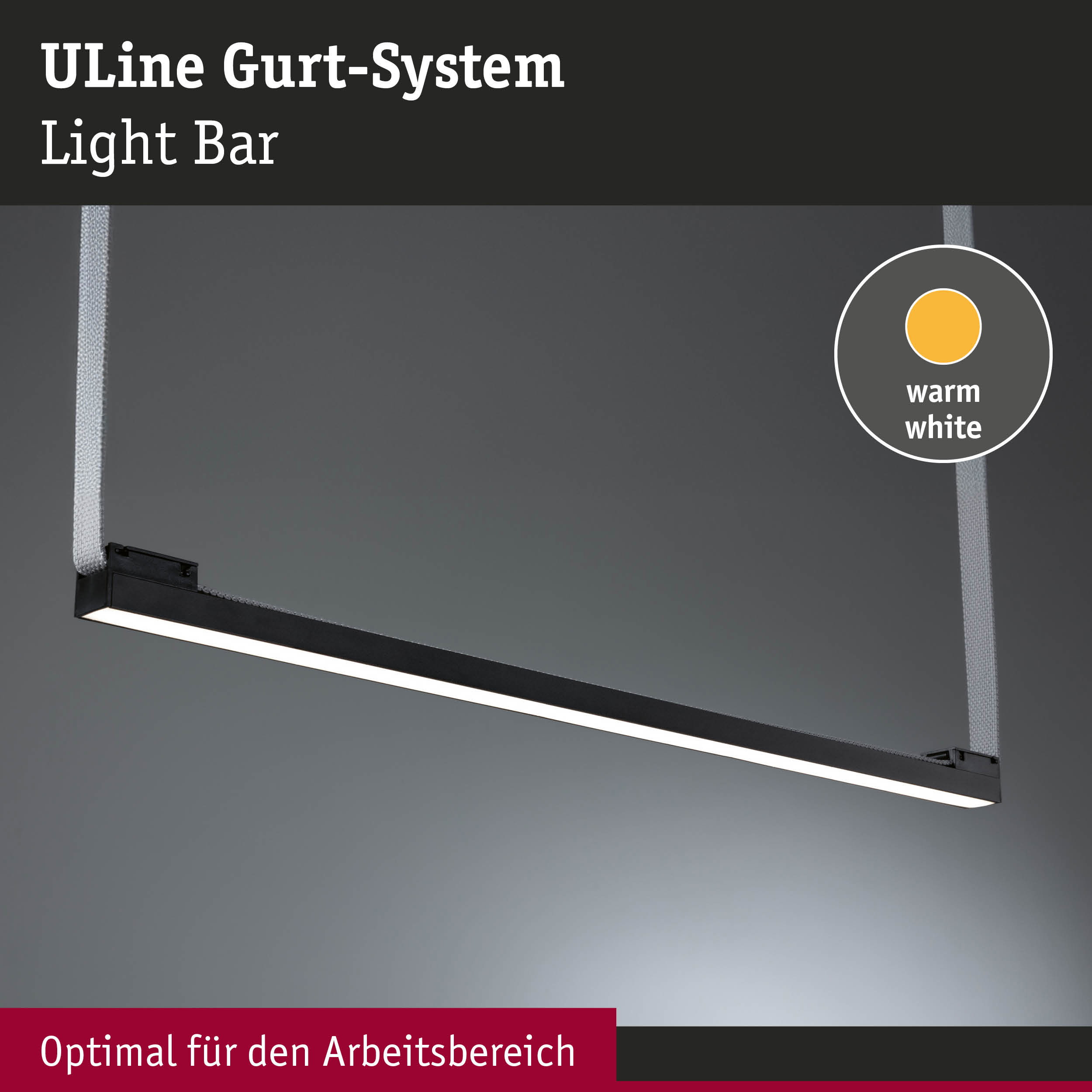 Schwarze ULine Gurt-System Light Bar mit warmweißem LED-Licht, ideal für Arbeitsbereiche und Büros