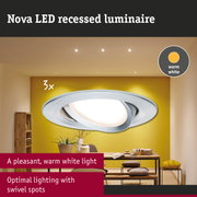 Nova LED recessed luminaire in silver aluminium with warm white light and adjustable swivel spots