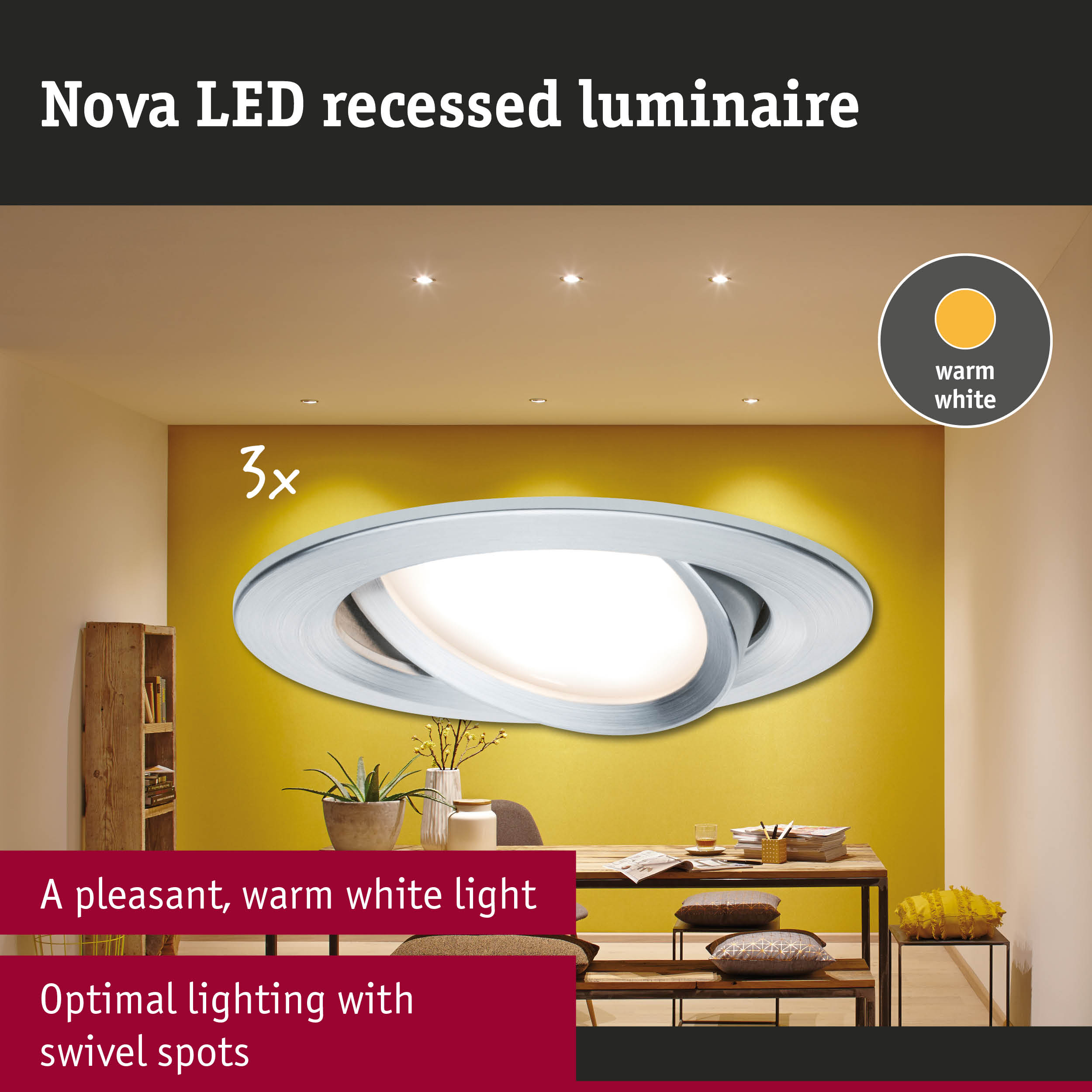 Nova LED recessed luminaire in silver aluminium with warm white light and adjustable swivel spots