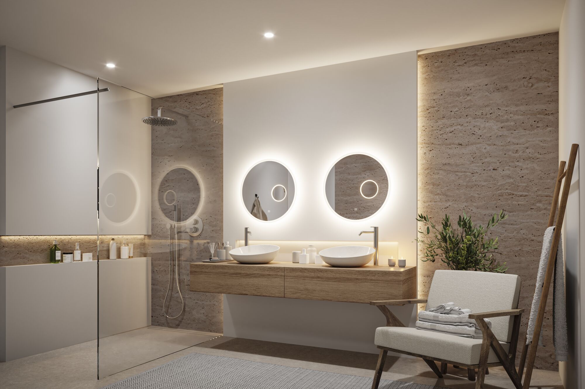 Modernes Badezimmer mit beleuchteten runden Spiegeln, Holzwaschtisch und natürlicher Steinwandbeleuchtung