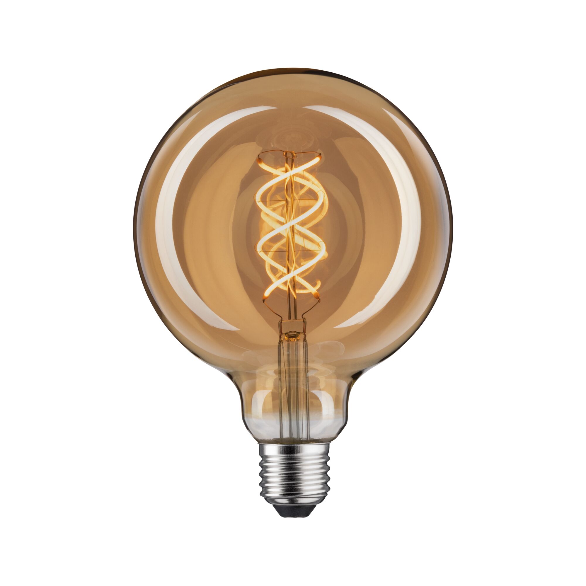 Round LED bulb with spiral filament in amber glass for decorative lighting use