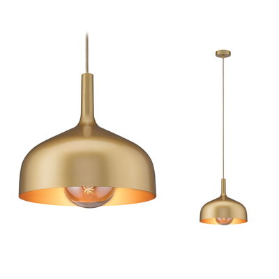 Modern pendant light in gold metal with visible bulb for stylish interior lighting and home decor