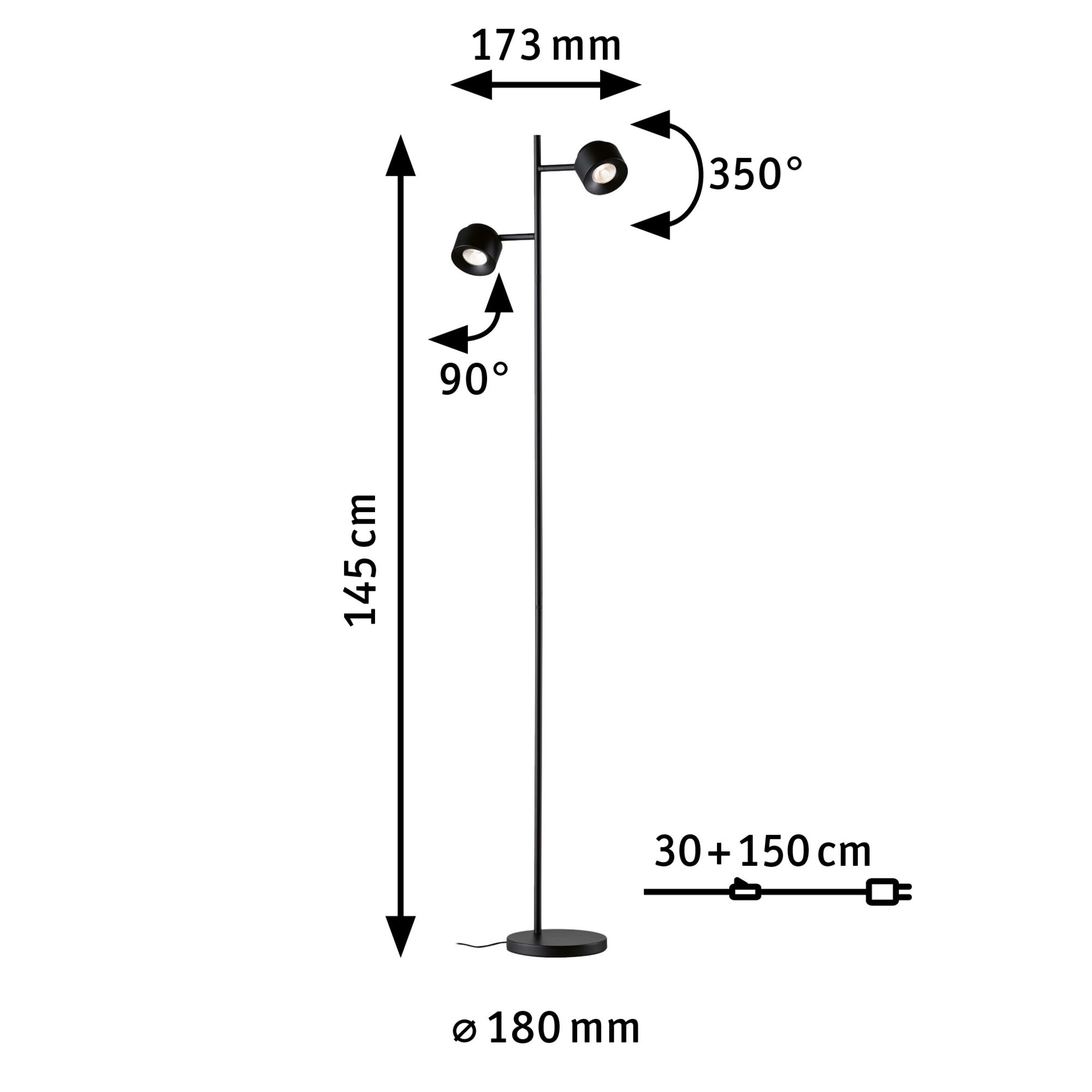 Black metal floor lamp with two adjustable spotlights, 145 cm height, dimmable lighting