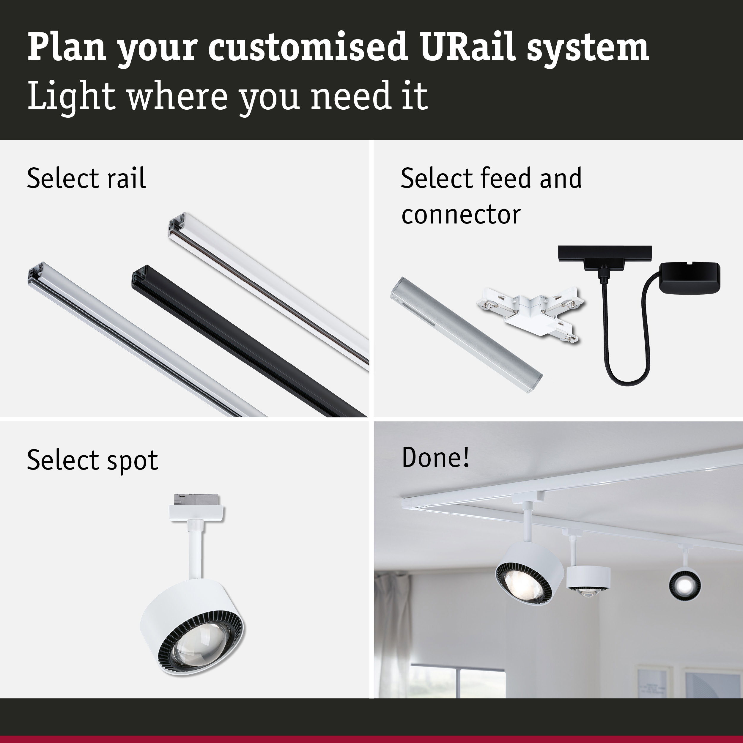 Modular URail track system with aluminium rails in black, white and silver for flexible LED lighting