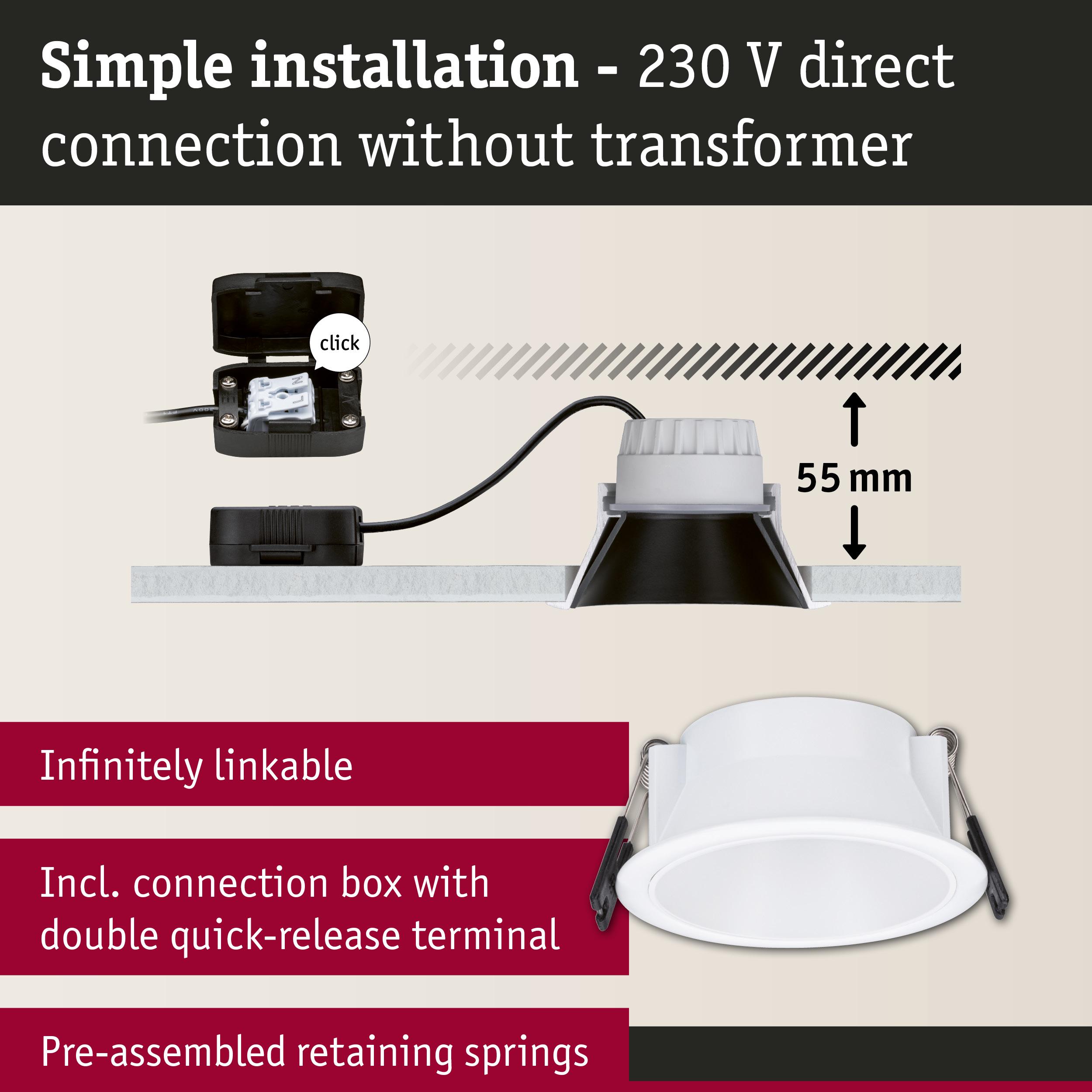 White LED recessed spotlight with 55 mm depth and connection box for simple 230 V direct installation without transformer