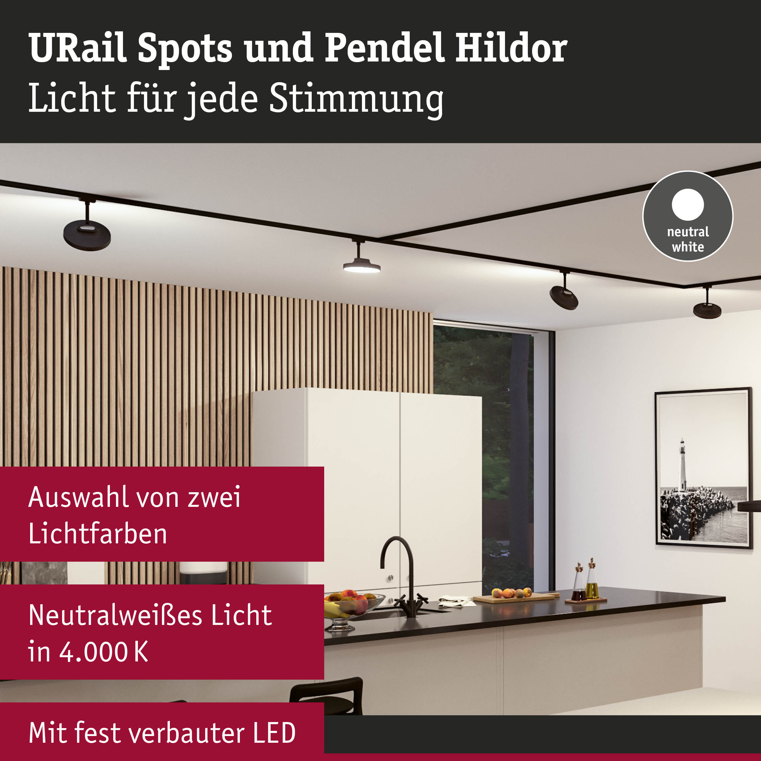 Schwarze URail Spots und Pendel Hildor mit neutralweißem LED-Licht in moderner Küche mit Holzpaneelen