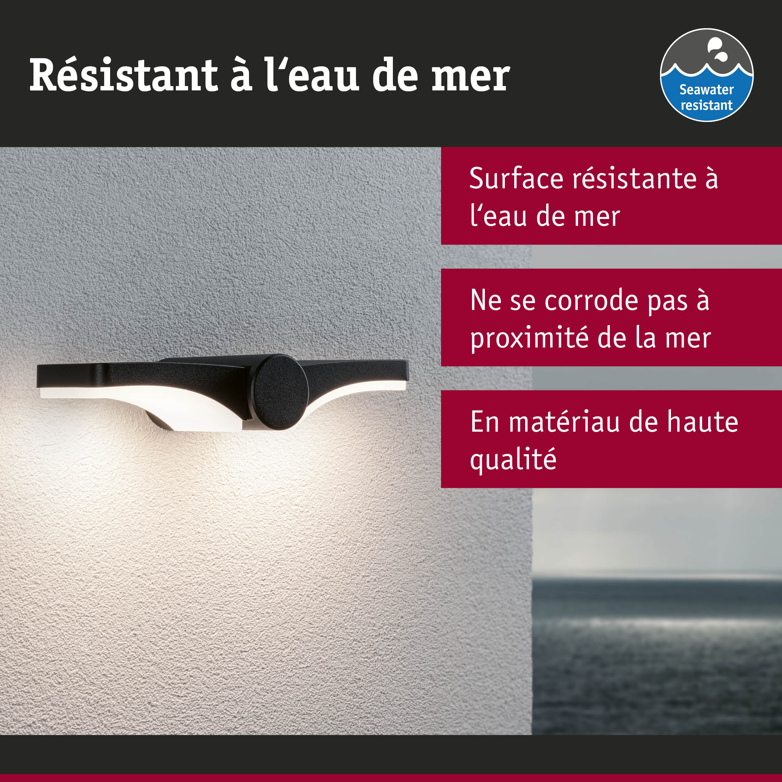 Applique murale extérieure noire LED résistante à l'eau de mer, adaptée aux zones côtières