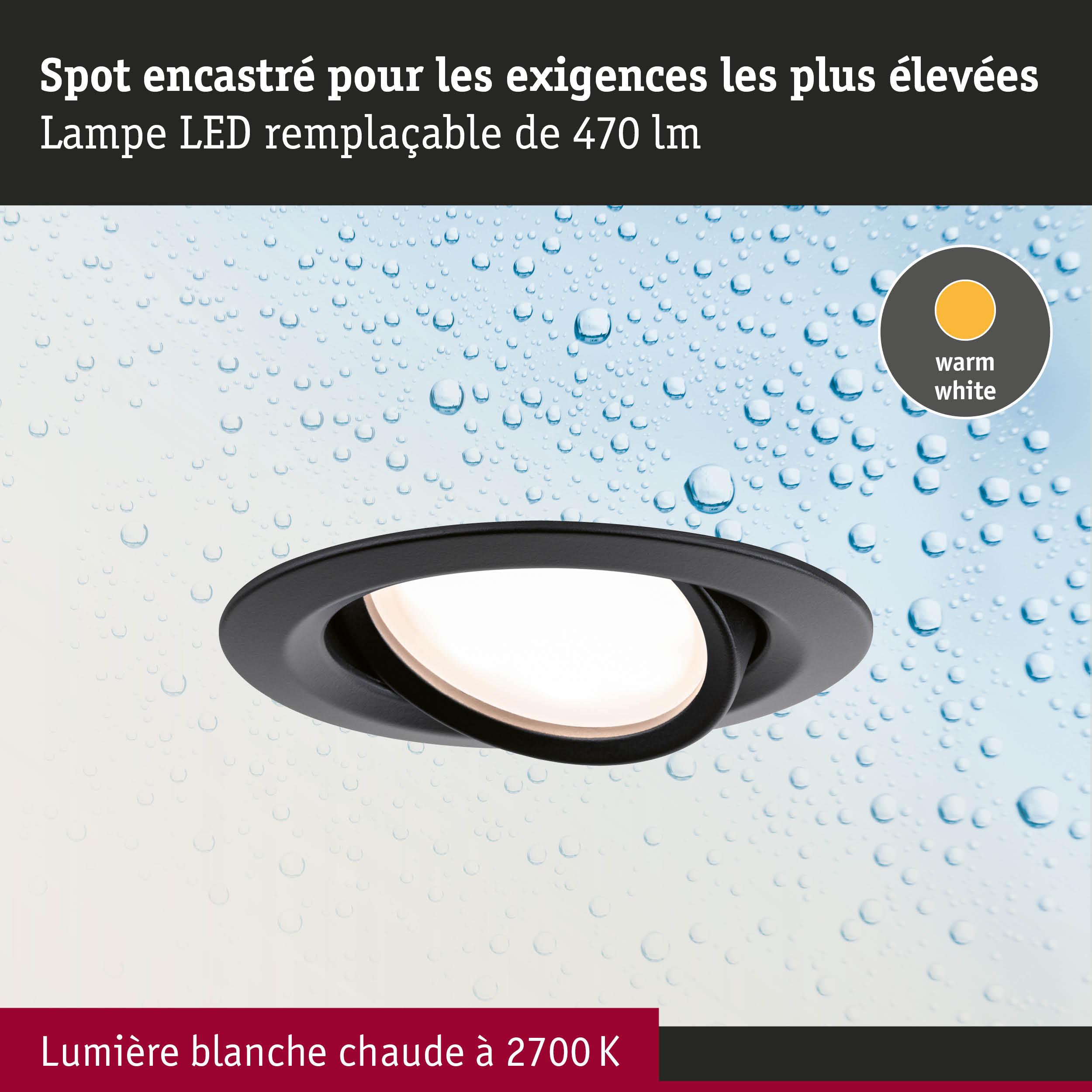Spot LED encastré noir avec lumière blanc chaud 2700K et 470 lumens, parfait pour salle de bain