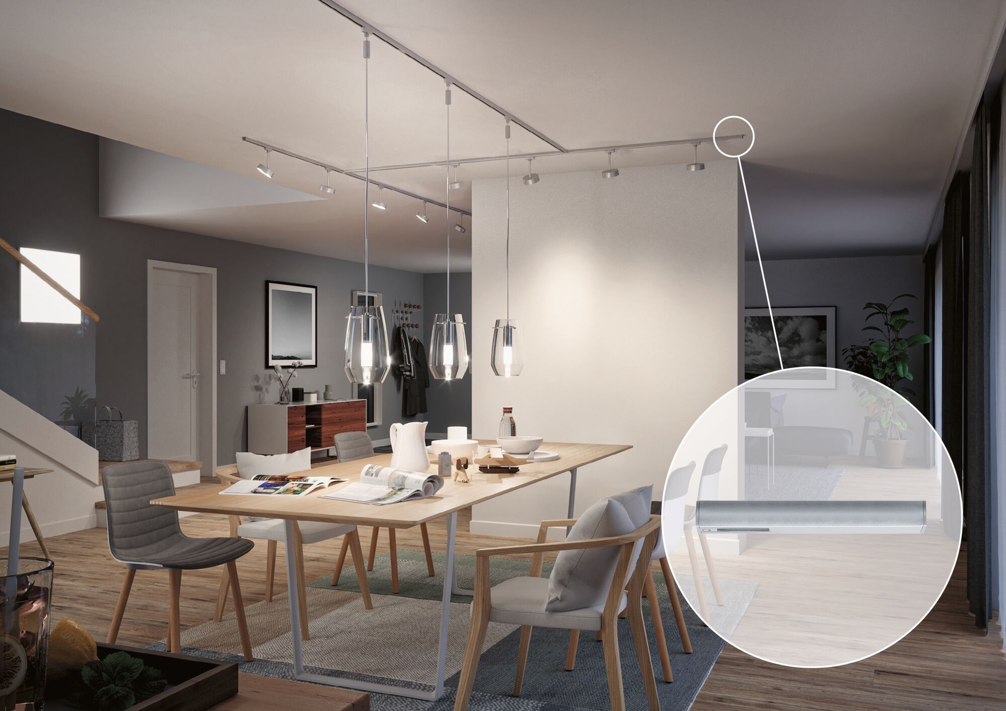 Salle à manger moderne avec chaises en bois, table, spots LED gris sur rail et suspensions en bois
