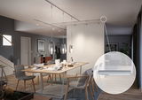 Modern dining area with wooden chairs and table, grey LED track lights and pendant lamps in wood style
