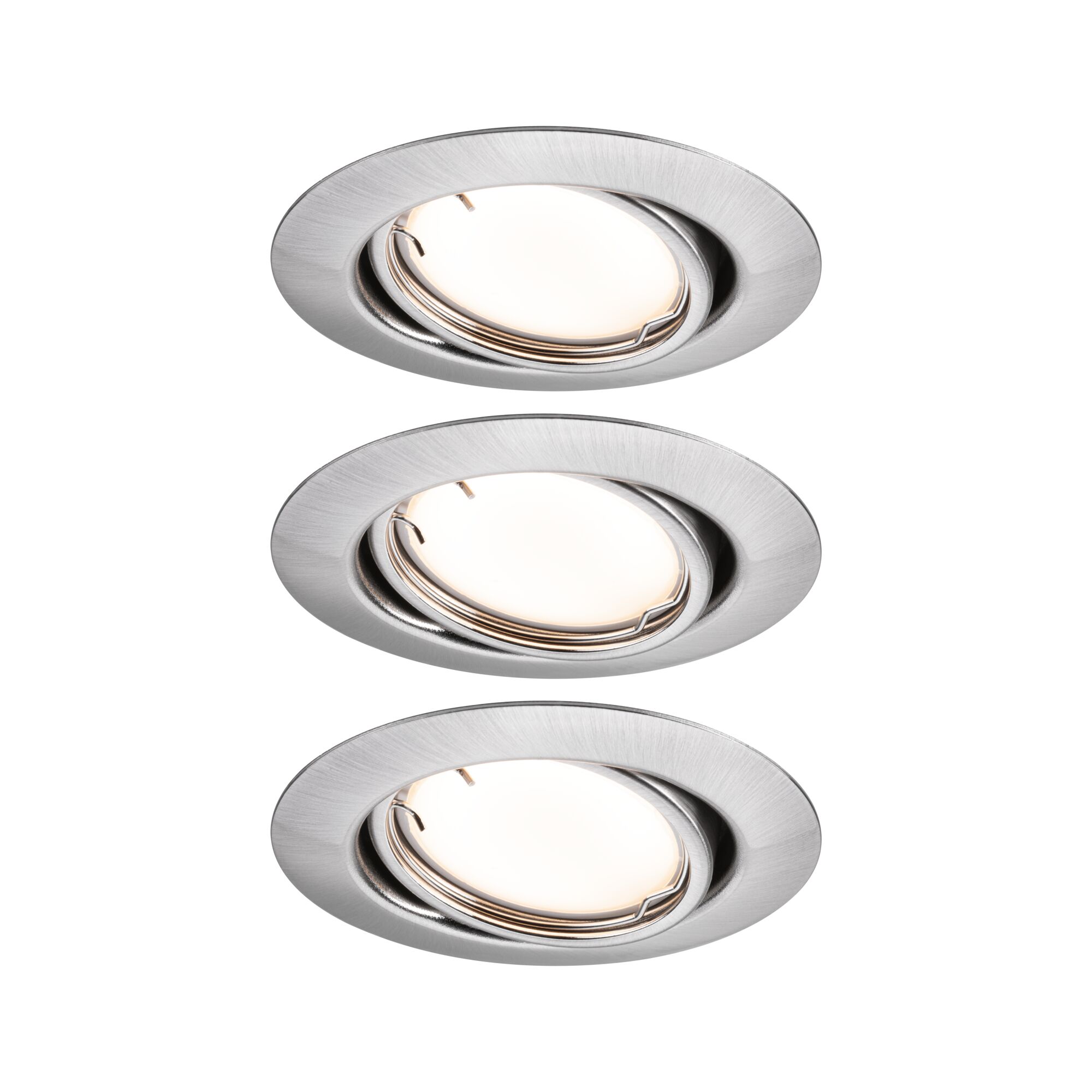 Drie ronde inbouwspots van geborsteld zilverkleurig aluminium voor moderne LED-verlichting.