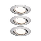 Three round recessed spotlights in brushed silver aluminum for modern LED lighting solutions.