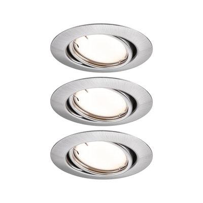 Three round recessed spotlights in brushed silver aluminum for modern LED lighting solutions.