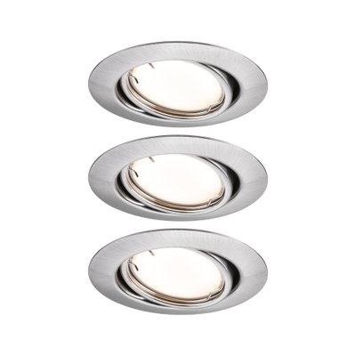 Three round recessed spotlights in brushed silver aluminum for modern LED lighting solutions.