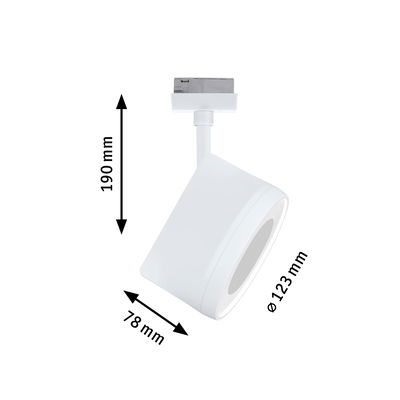 Weißer LED-Spot aus Kunststoff mit Maßen 190x78 mm und 123 mm Durchmesser für Schienensysteme