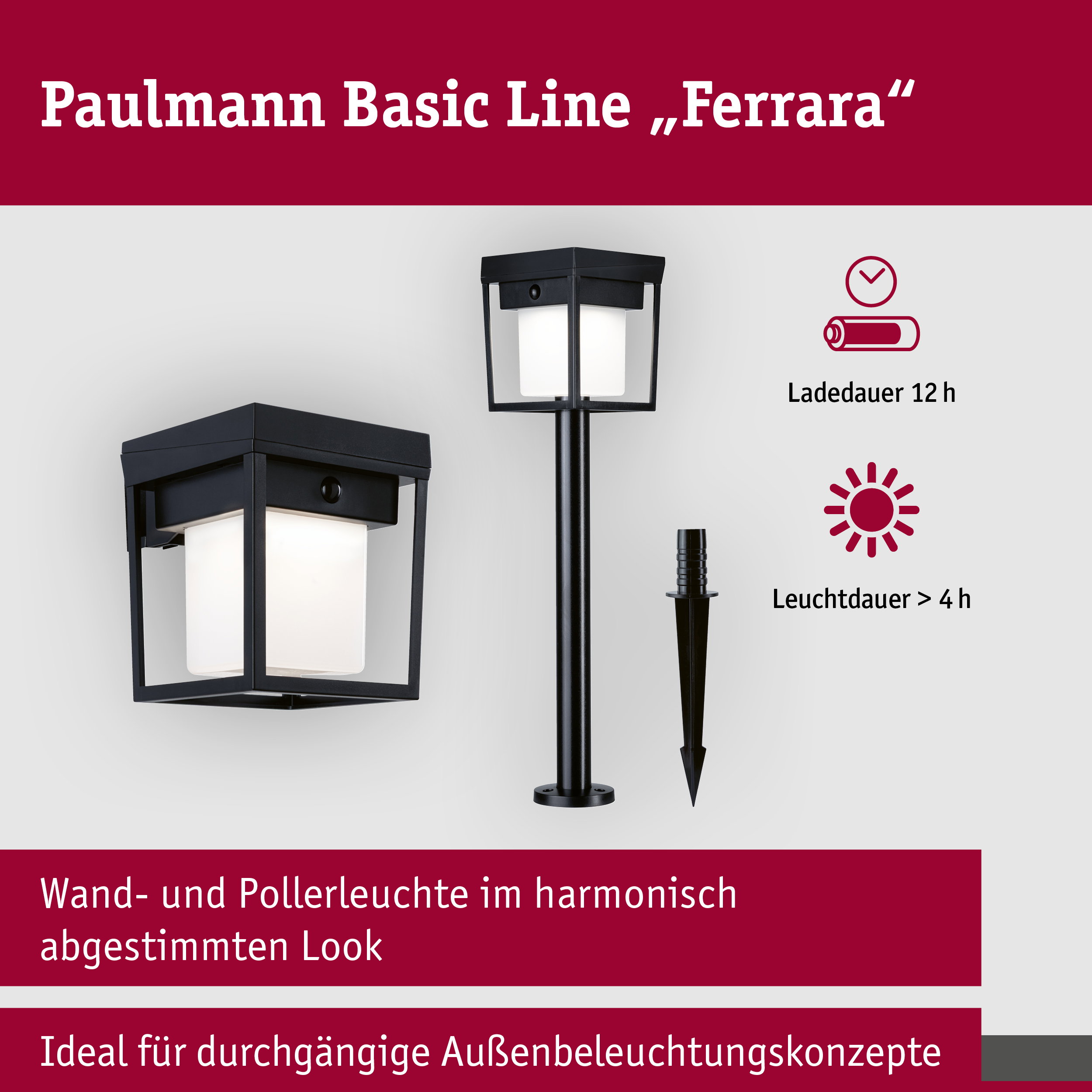 Solar LED Außenwandleuchte Ferrara IP44 eckig 121x156mm 3000K 4,2W 400lm 3,7V Schwarz