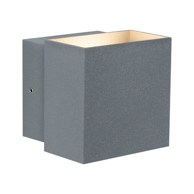 Grey square metal wall light with warm white illumination for modern indoor lighting