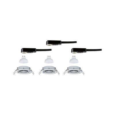 Drei weiße GU10 LED-Lampen mit silbernen Einbaurahmen und schwarzen Steckverbindern für LED-Einbaustrahler