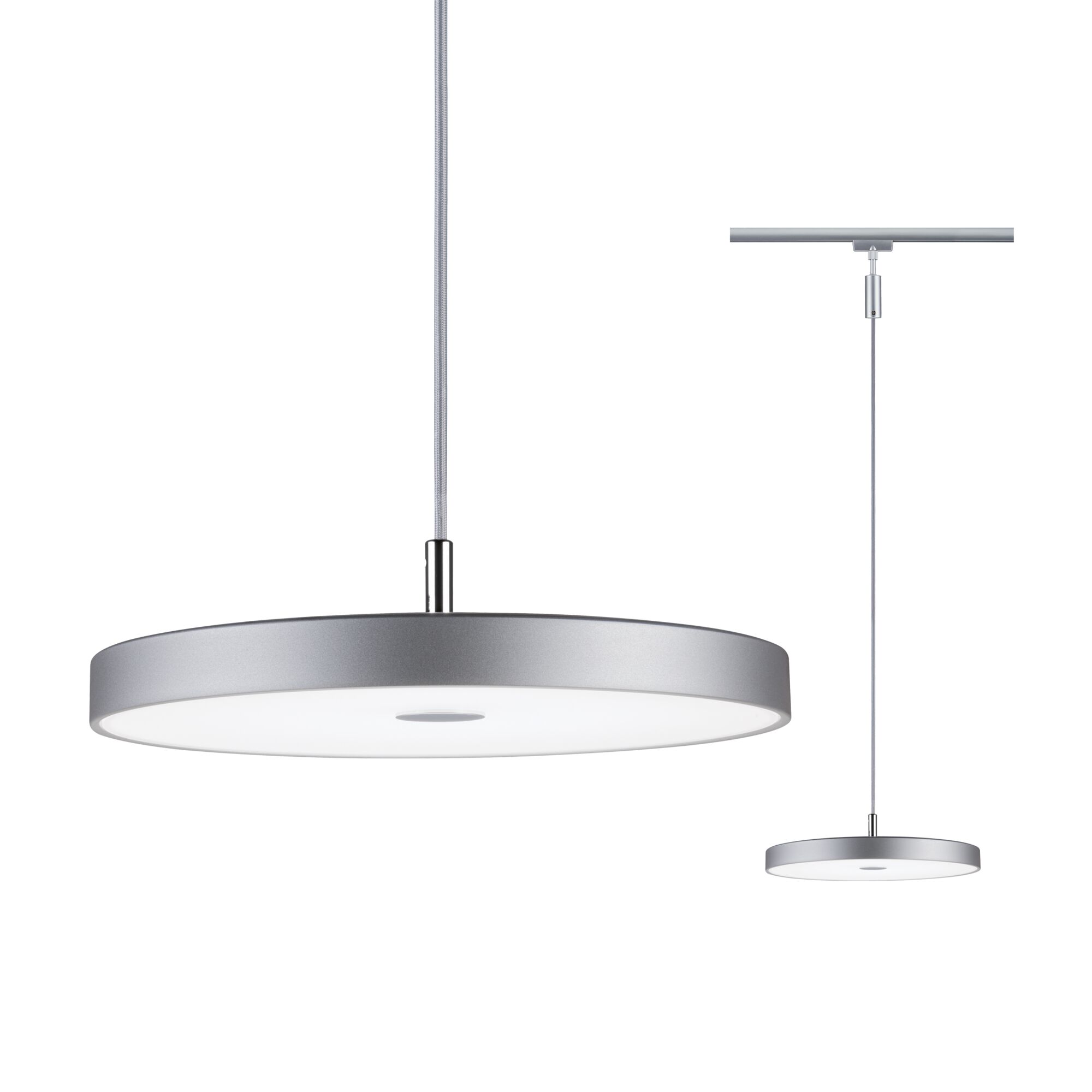 Runde LED-Pendelleuchte in Silber mit weißem Diffusor, moderne Deckenbeleuchtung für Wohnräume