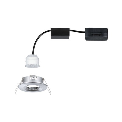 Witte LED inbouwspot met zilverkleurige aluminiumrand en zwarte kabel voor moderne verlichting