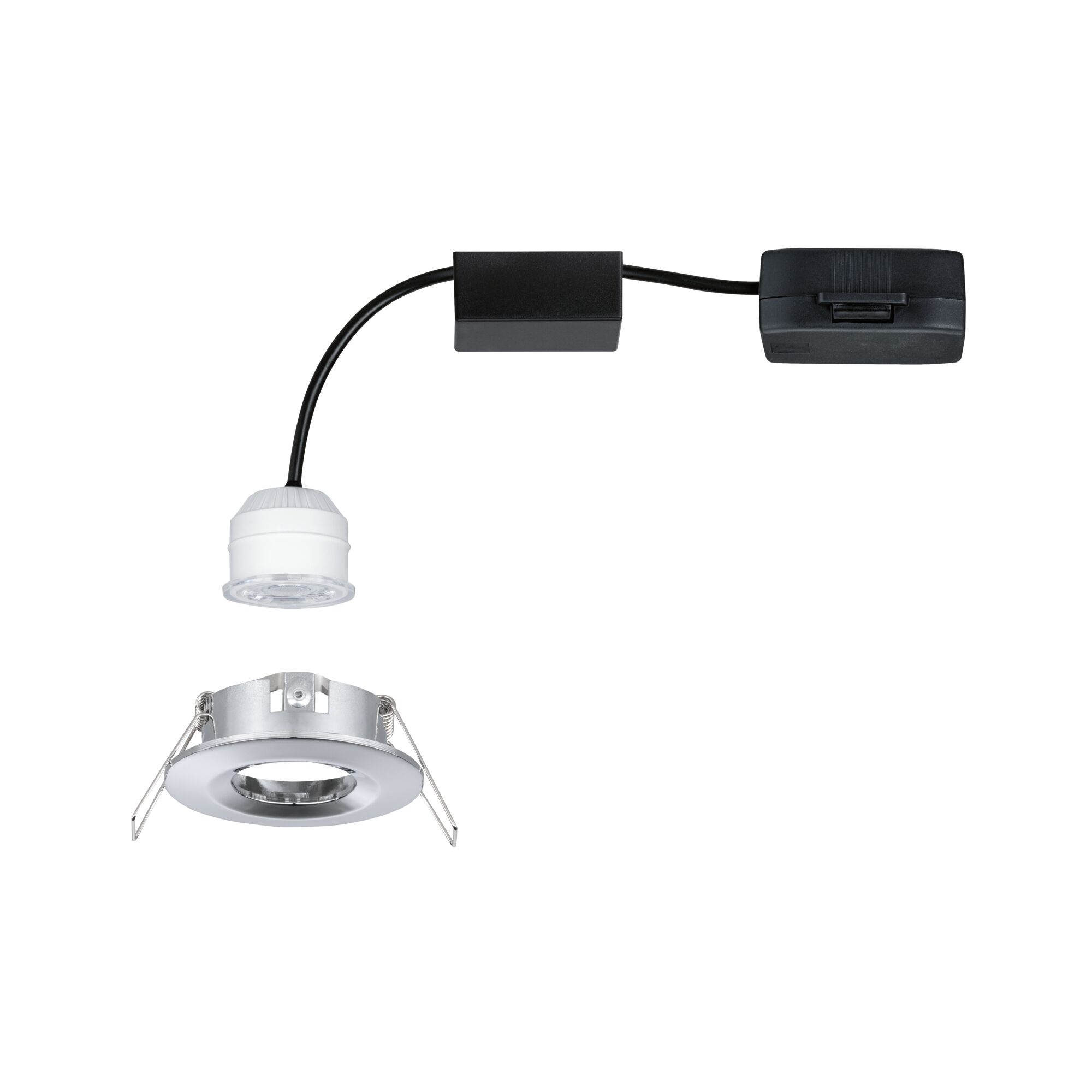 Witte LED inbouwspot met zilverkleurige aluminiumrand en zwarte kabel voor moderne verlichting