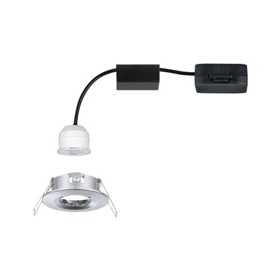 Witte LED inbouwspot met zilverkleurige aluminiumrand en zwarte kabel voor moderne verlichting