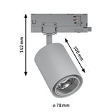 Grauer LED-Strahler aus Metall mit 78 mm Durchmesser und 142 mm Höhe für Schienensysteme.