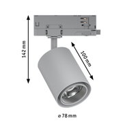 Grey metal LED spotlight with 78 mm diameter and 142 mm height, technical dimensions shown