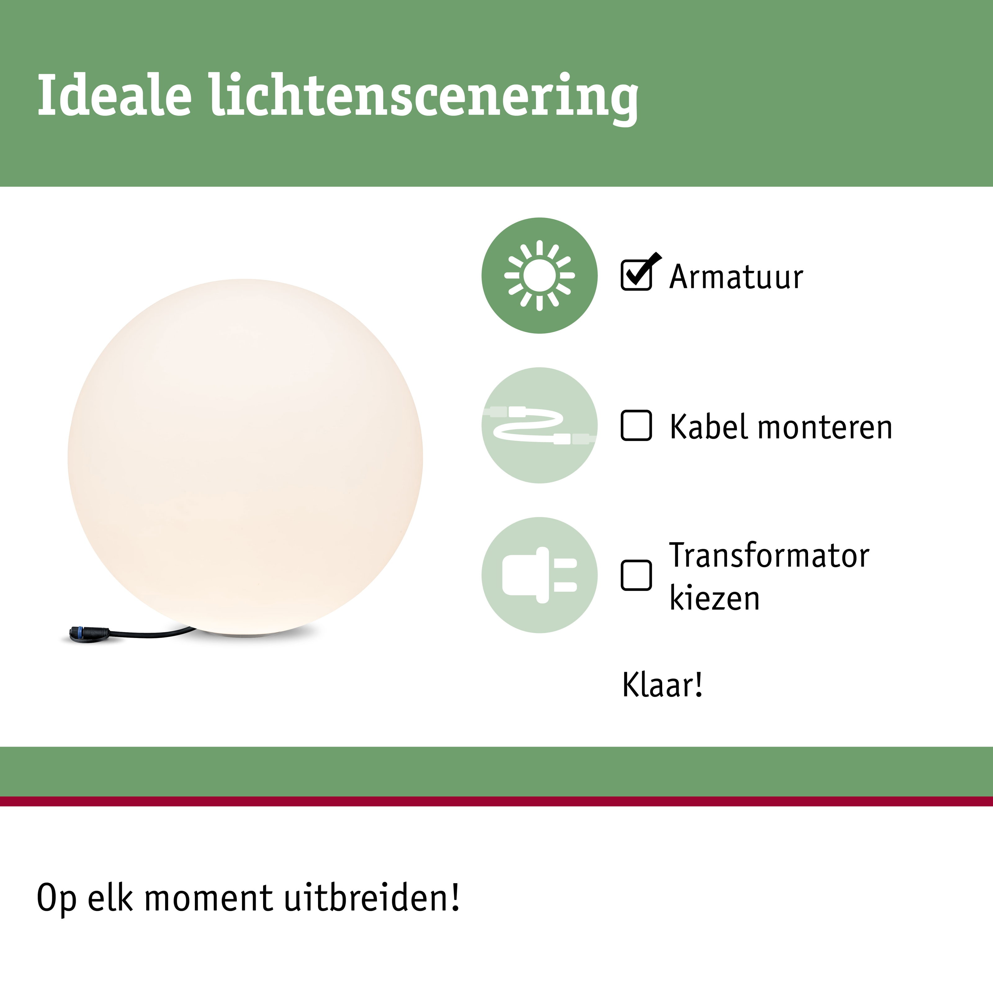 Witte ronde lichtbol met zwarte kabel voor flexibele verlichting en eenvoudige montage