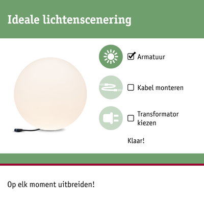 Witte ronde lichtbol met zwarte kabel voor flexibele verlichting en eenvoudige montage