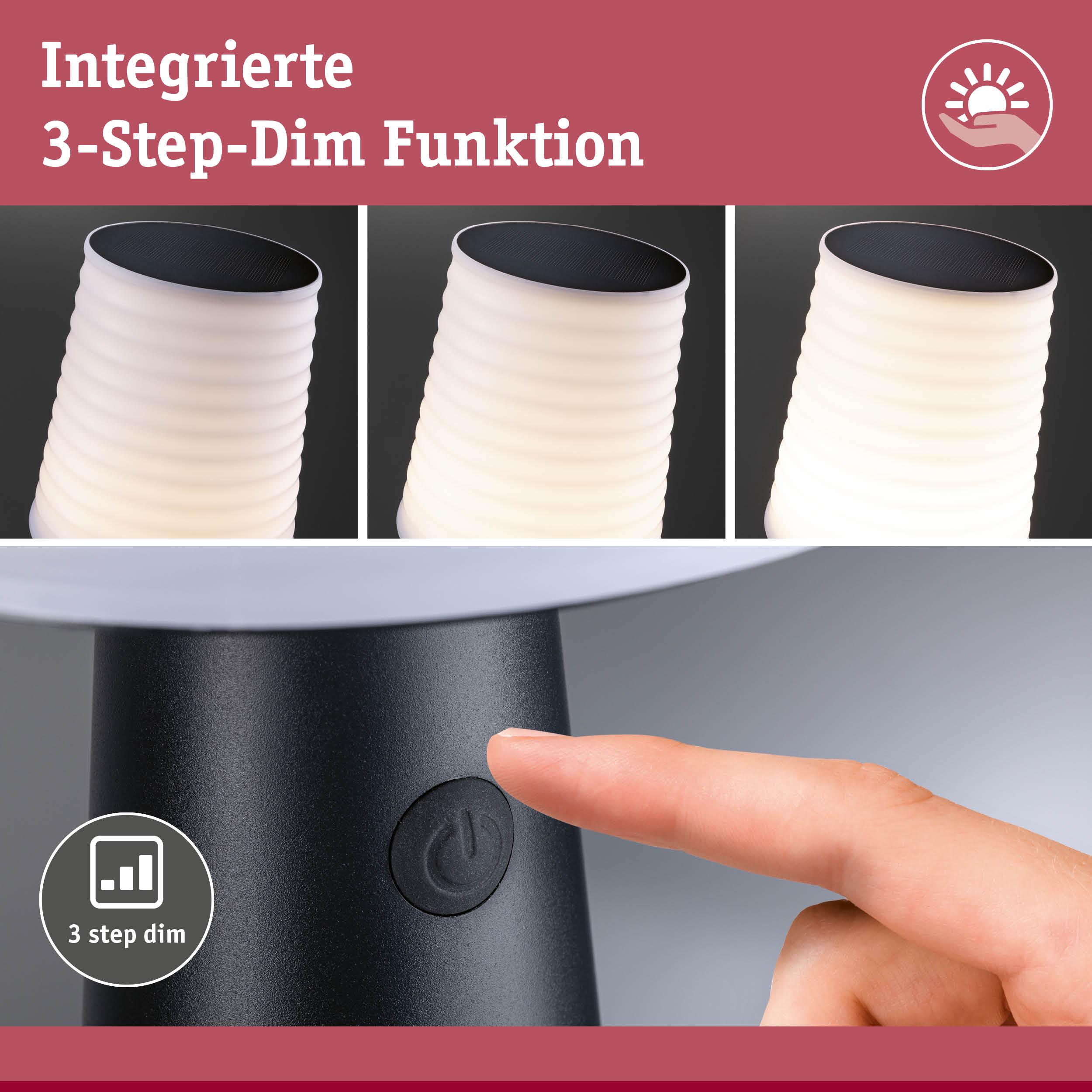 Schwarze Lampe mit weißem, geripptem Lampenschirm und integrierter 3-Stufen-Dimmfunktion per Knopfdruck