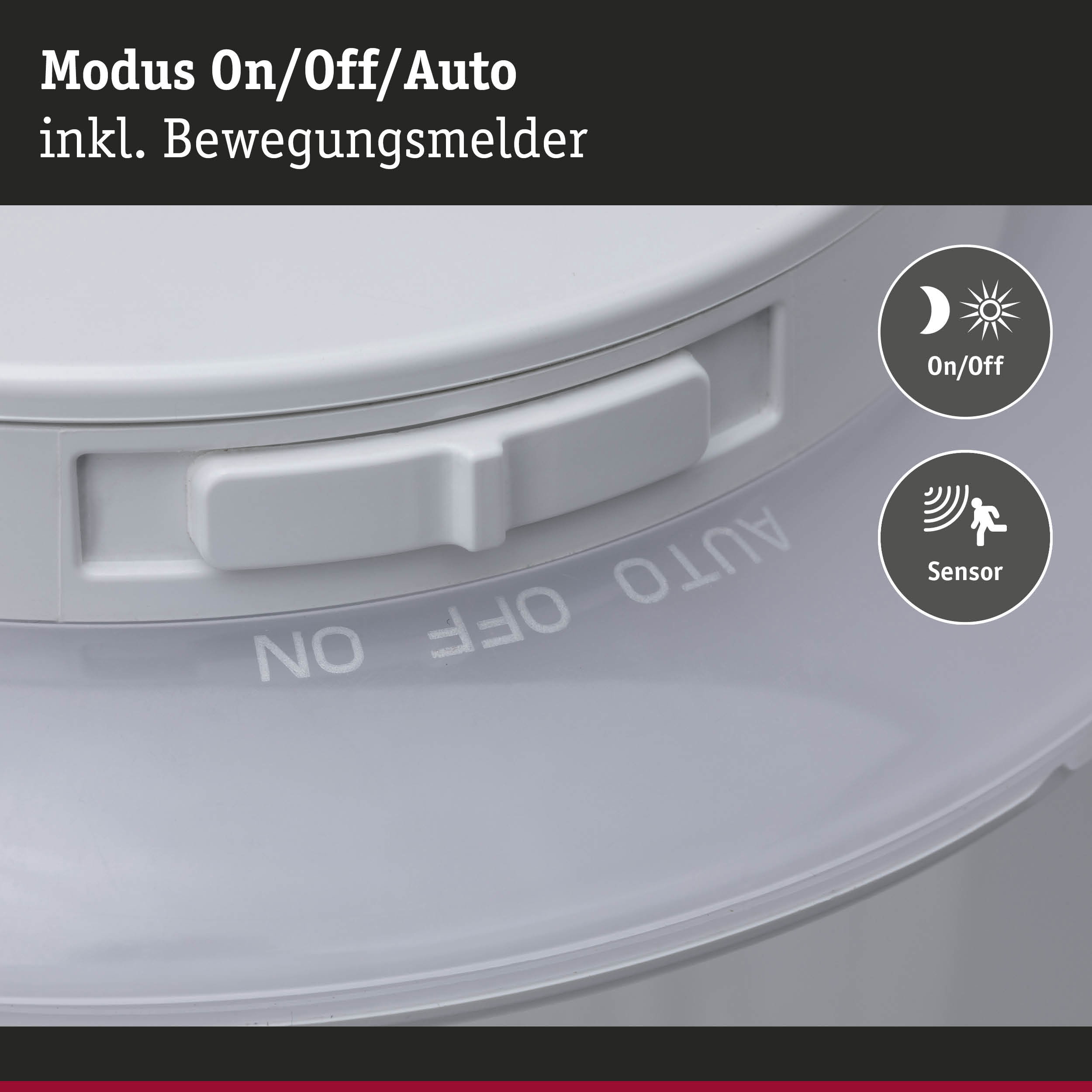 Weißer Schalter mit On/Off/Auto Modus und integriertem Bewegungssensor für Lichtsteuerung