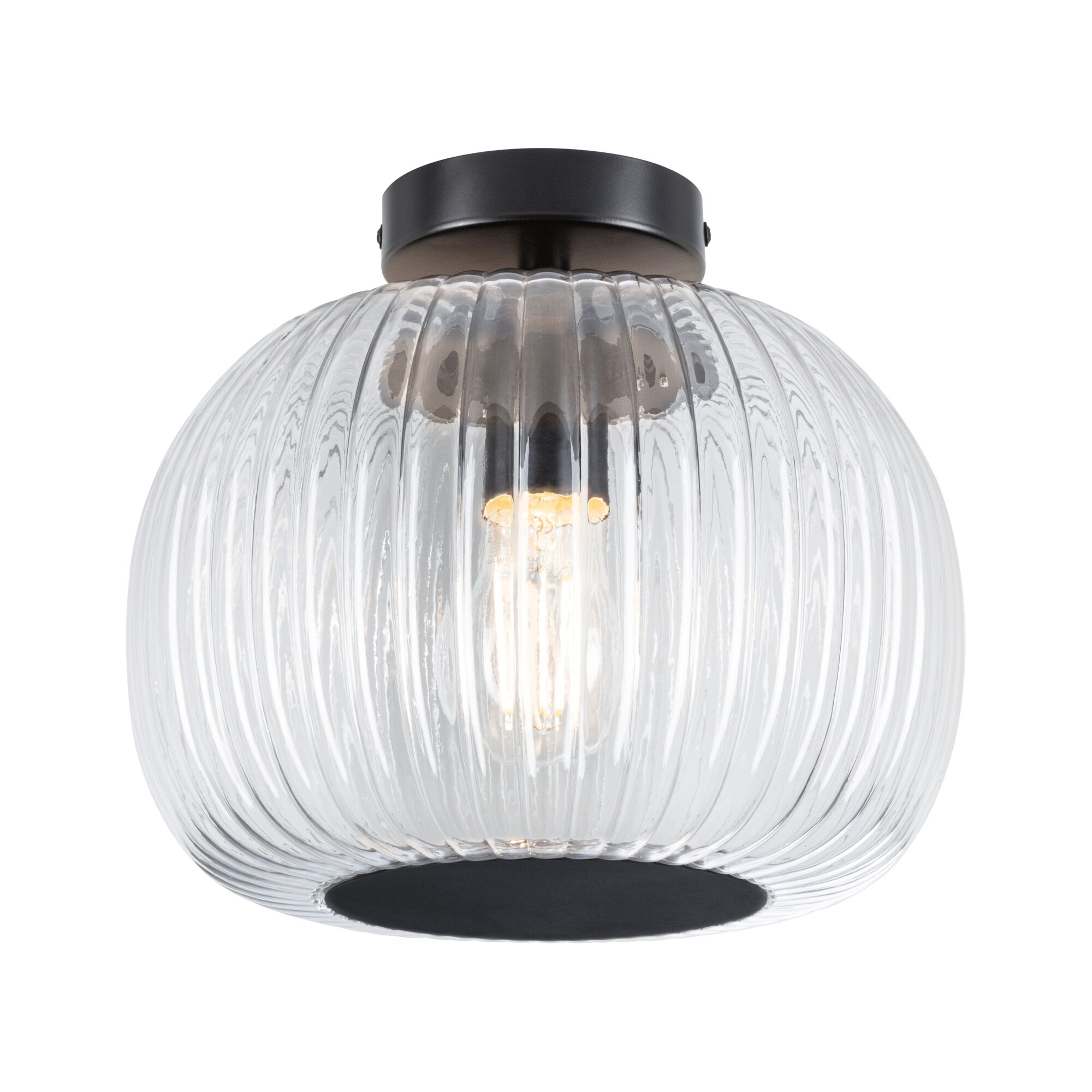 Ceiling light with ribbed clear glass and black metal mount for modern interior lighting
