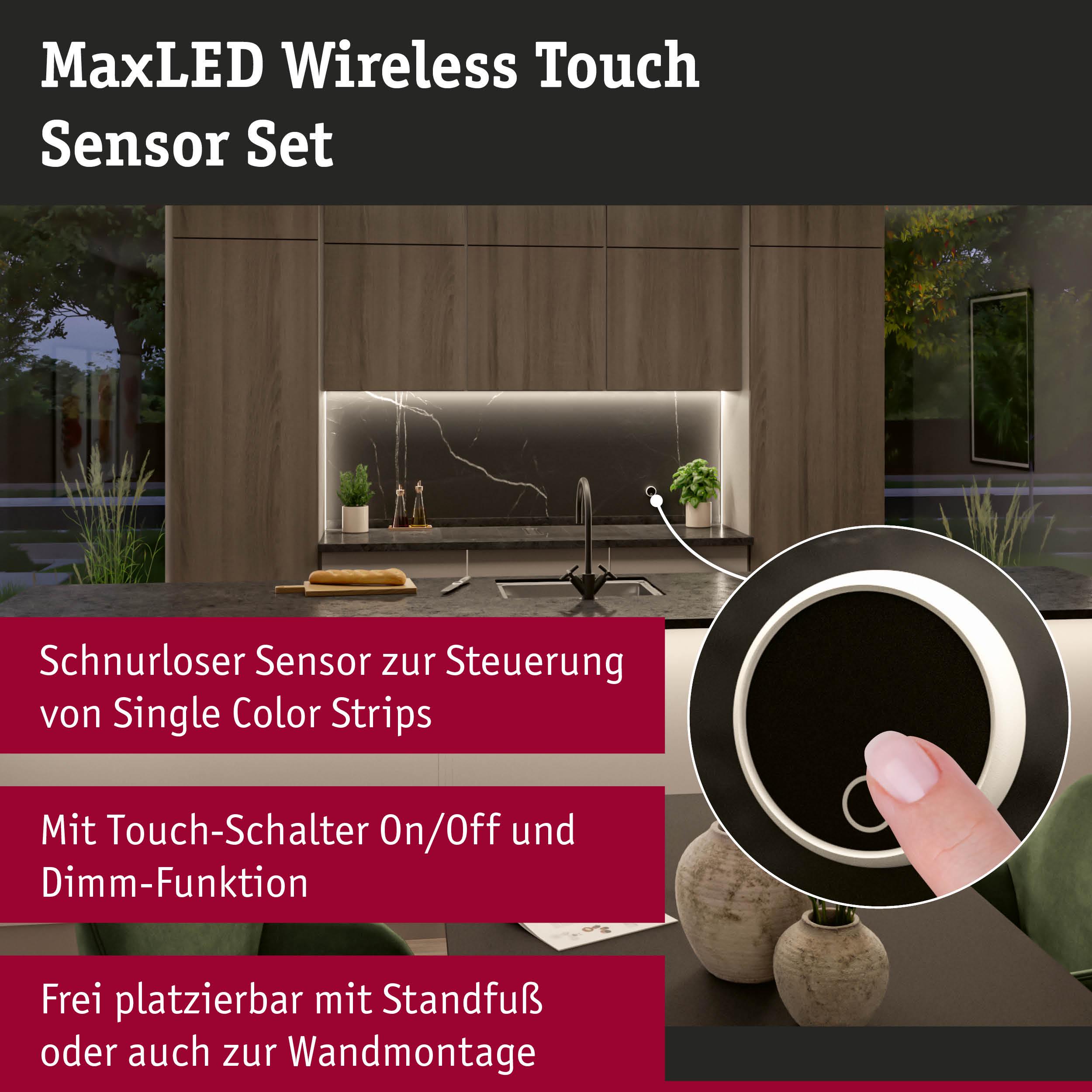 MaxLED Wireless Touch Sensor Set mit kabellosem Touch-Schalter für Single Color LED-Strips in Schwarz und Weiß