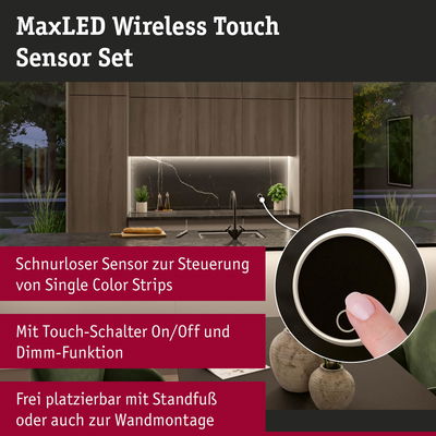 MaxLED Wireless Touch Sensor Set mit kabellosem Touch-Schalter für Single Color LED-Strips in Schwarz und Weiß