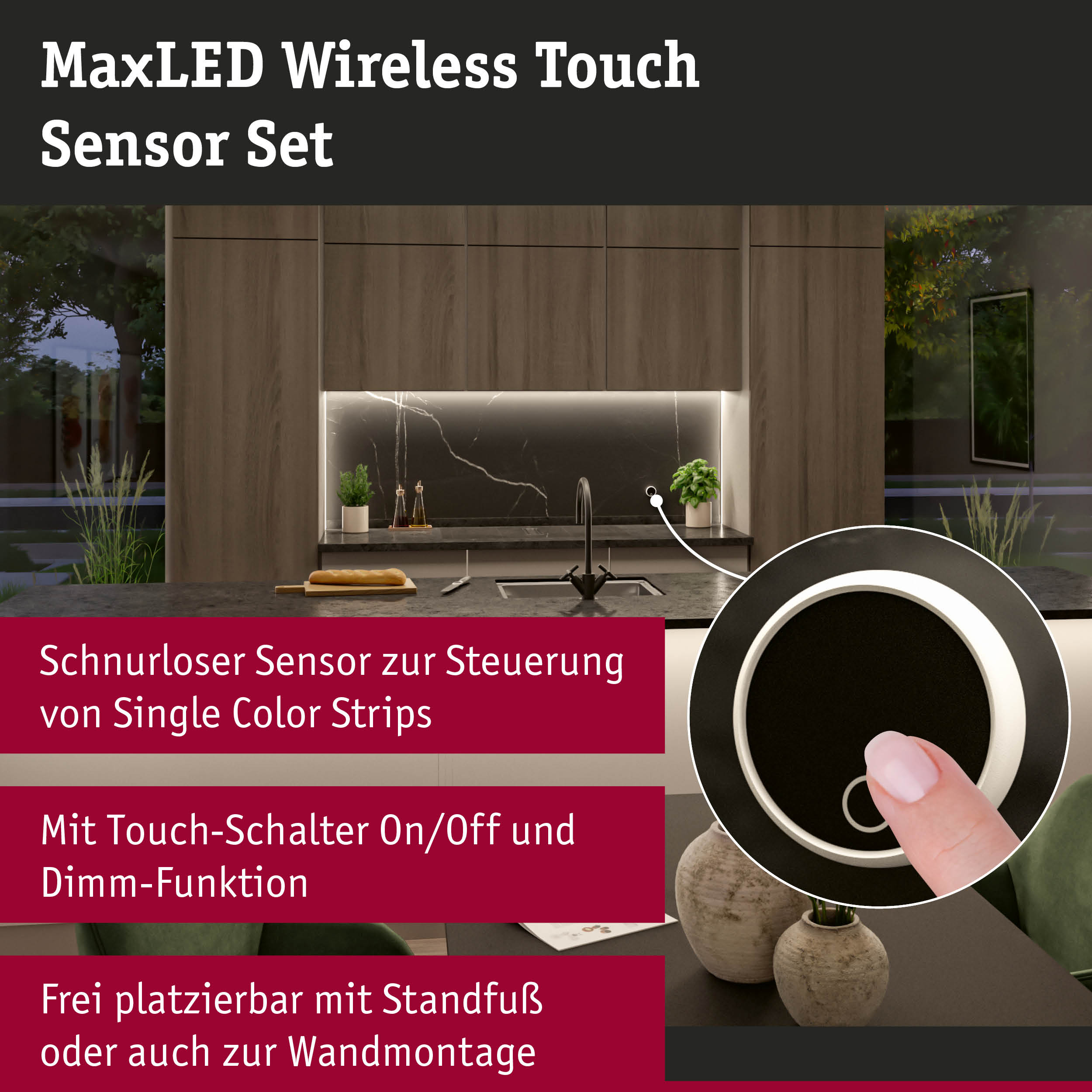 MaxLED Wireless Touch Sensor Set mit kabellosem Touch-Schalter für LED-Streifen Steuerung