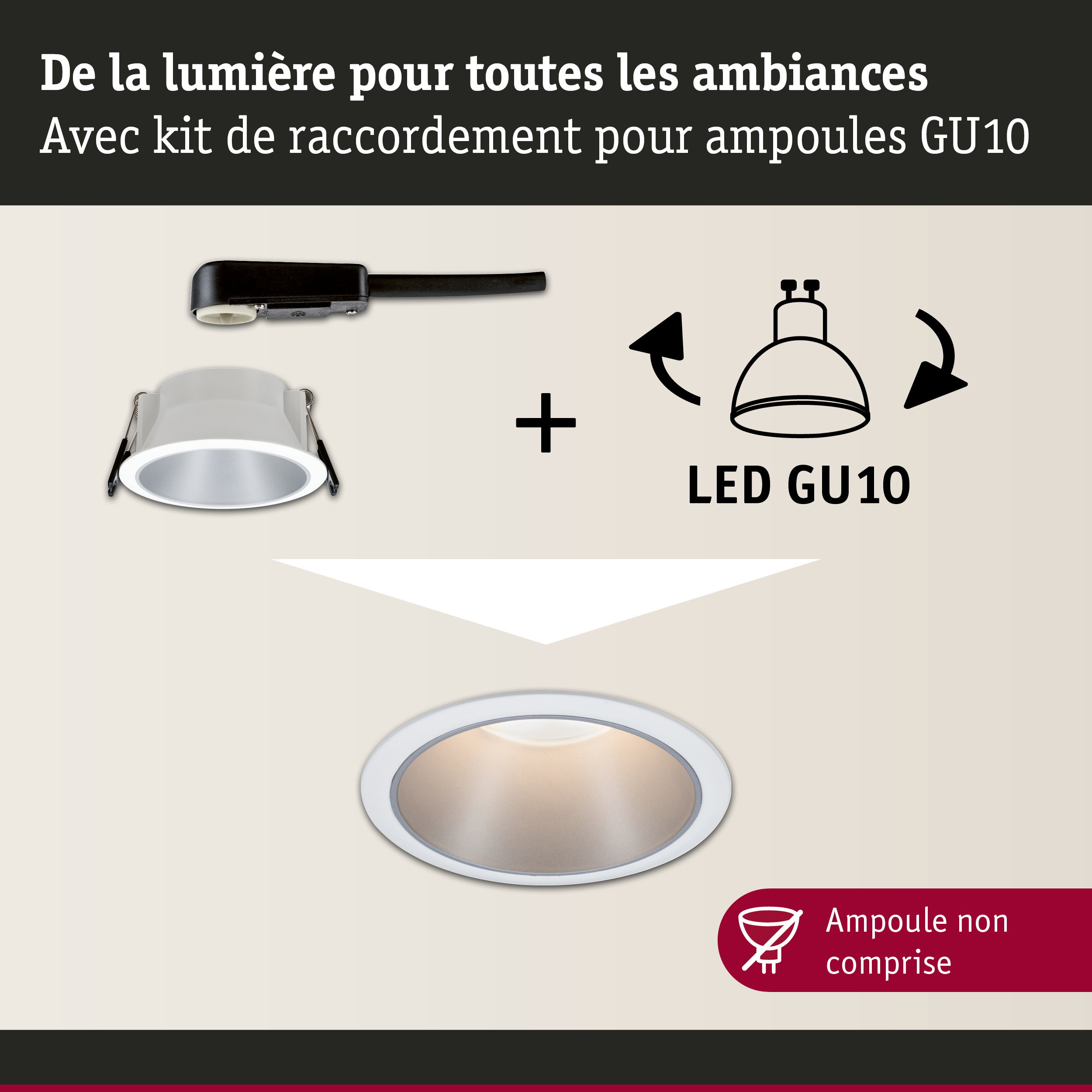Spot encastré LED blanc avec câble de raccordement noir pour ampoules GU10 polyvalentes