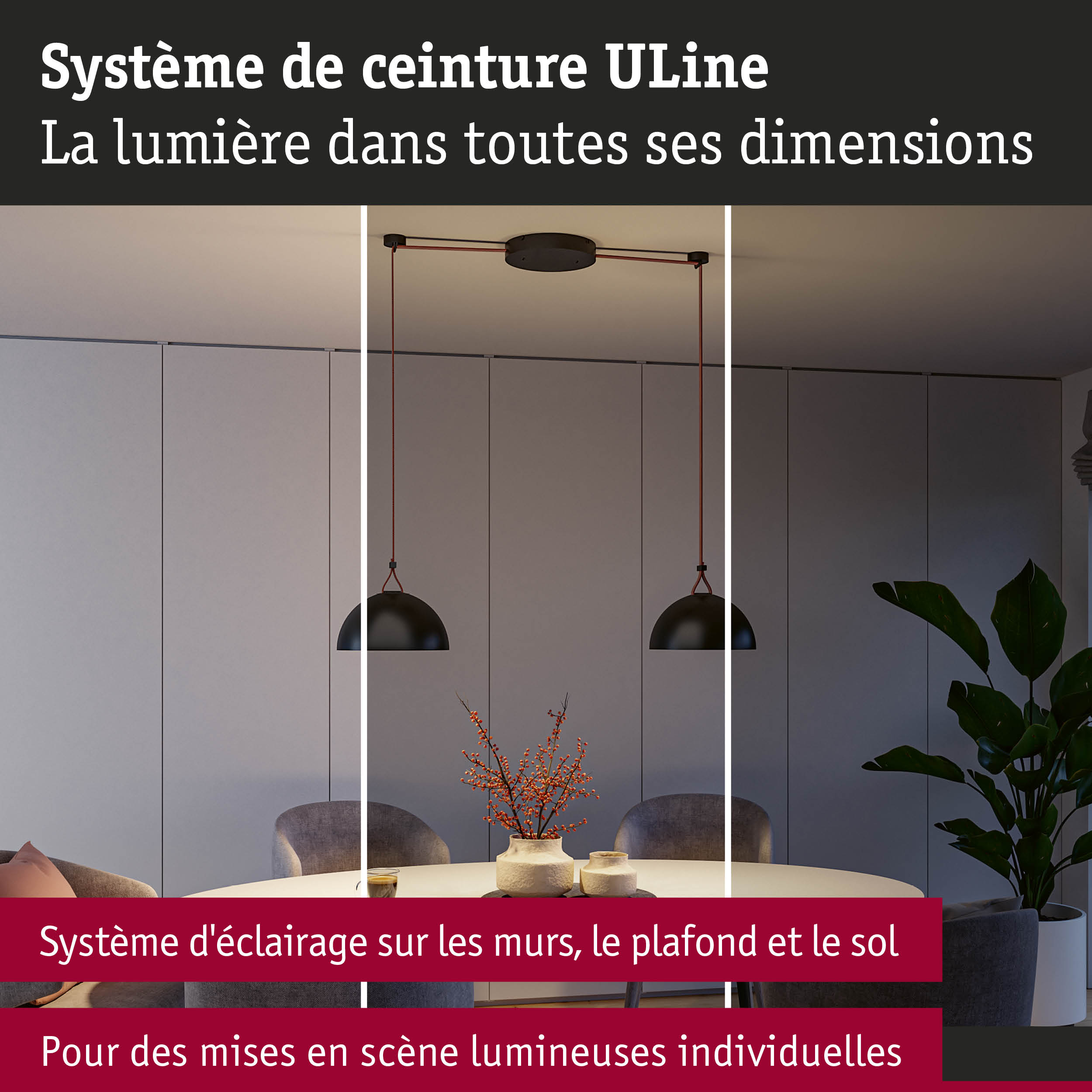 Système d'éclairage ULine moderne avec suspensions noires au-dessus d'une table blanche