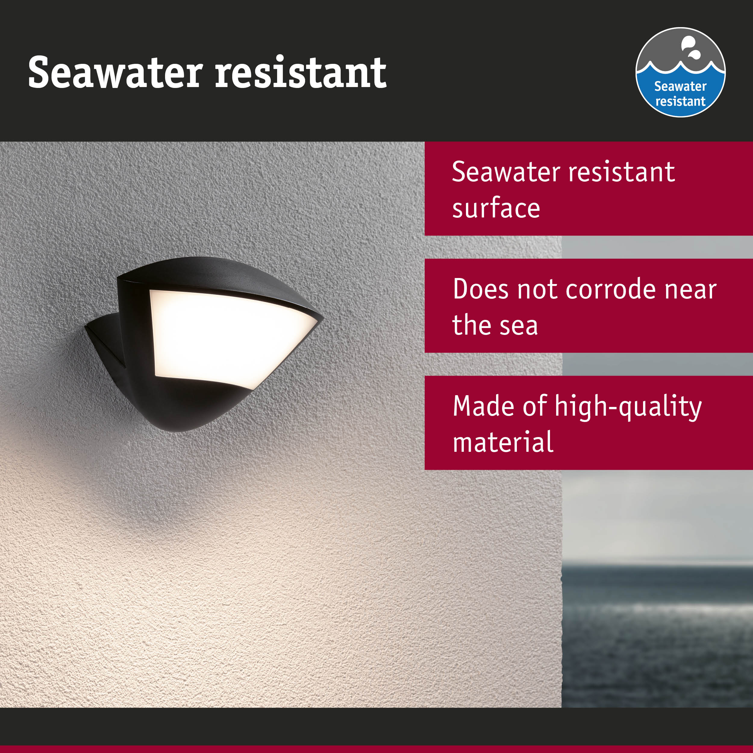 Black outdoor wall light with matte white cover and seawater resistant surface mounted on grey wall