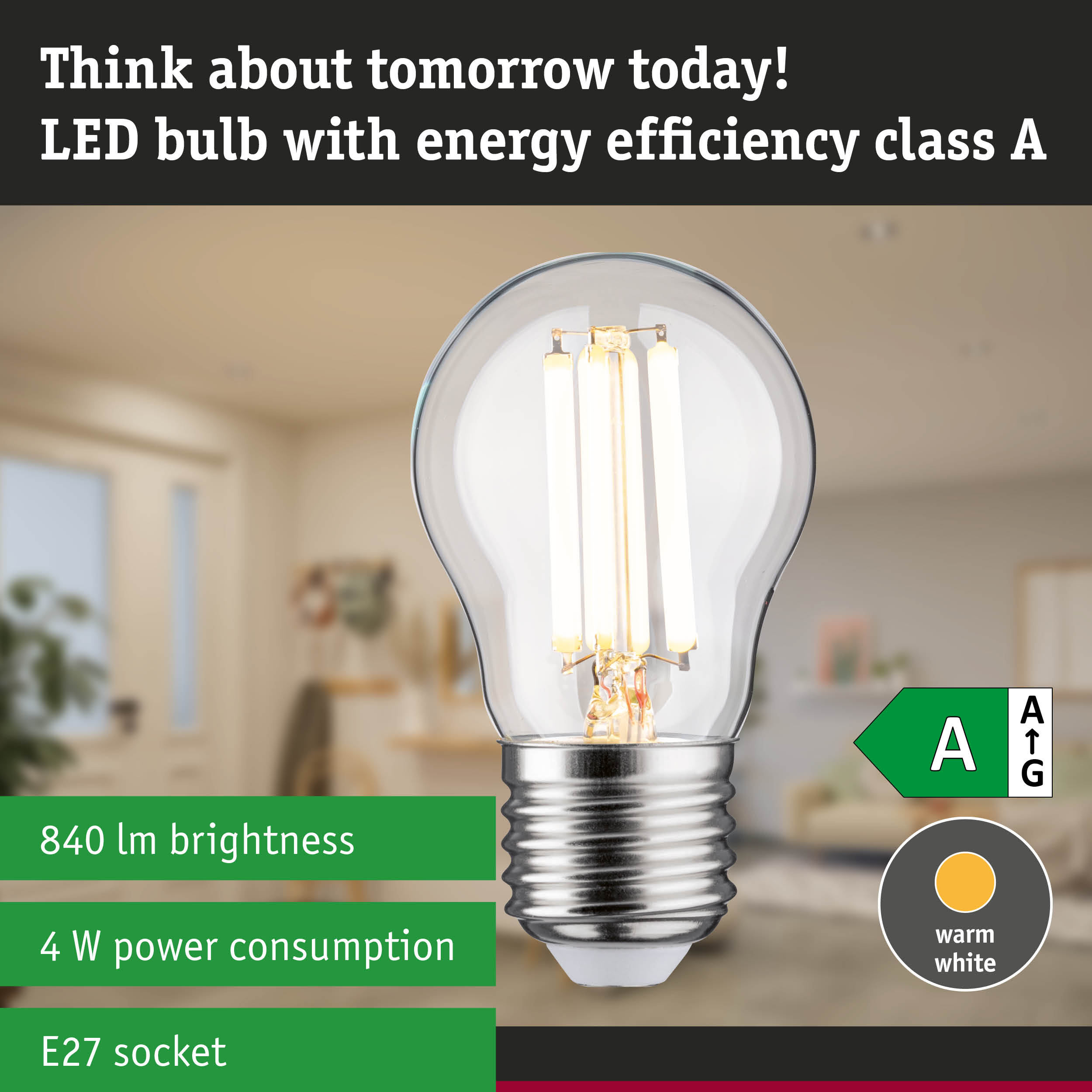 Energy-efficient LED lamp with warm white light shown against a green forest background