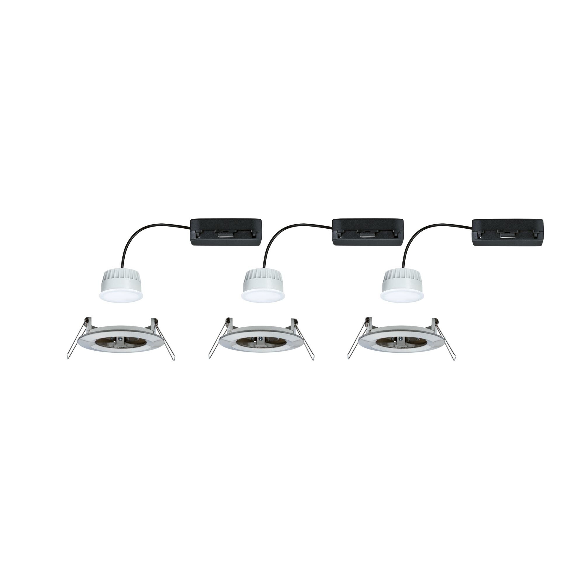 Three white LED recessed spotlights with black connection boxes and metal clips for ceiling installation