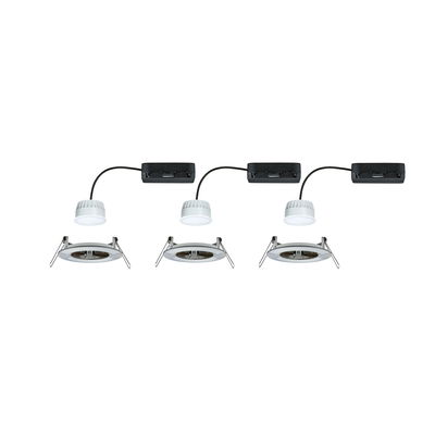 Three white LED recessed spotlights with black connection boxes and metal clips for ceiling installation