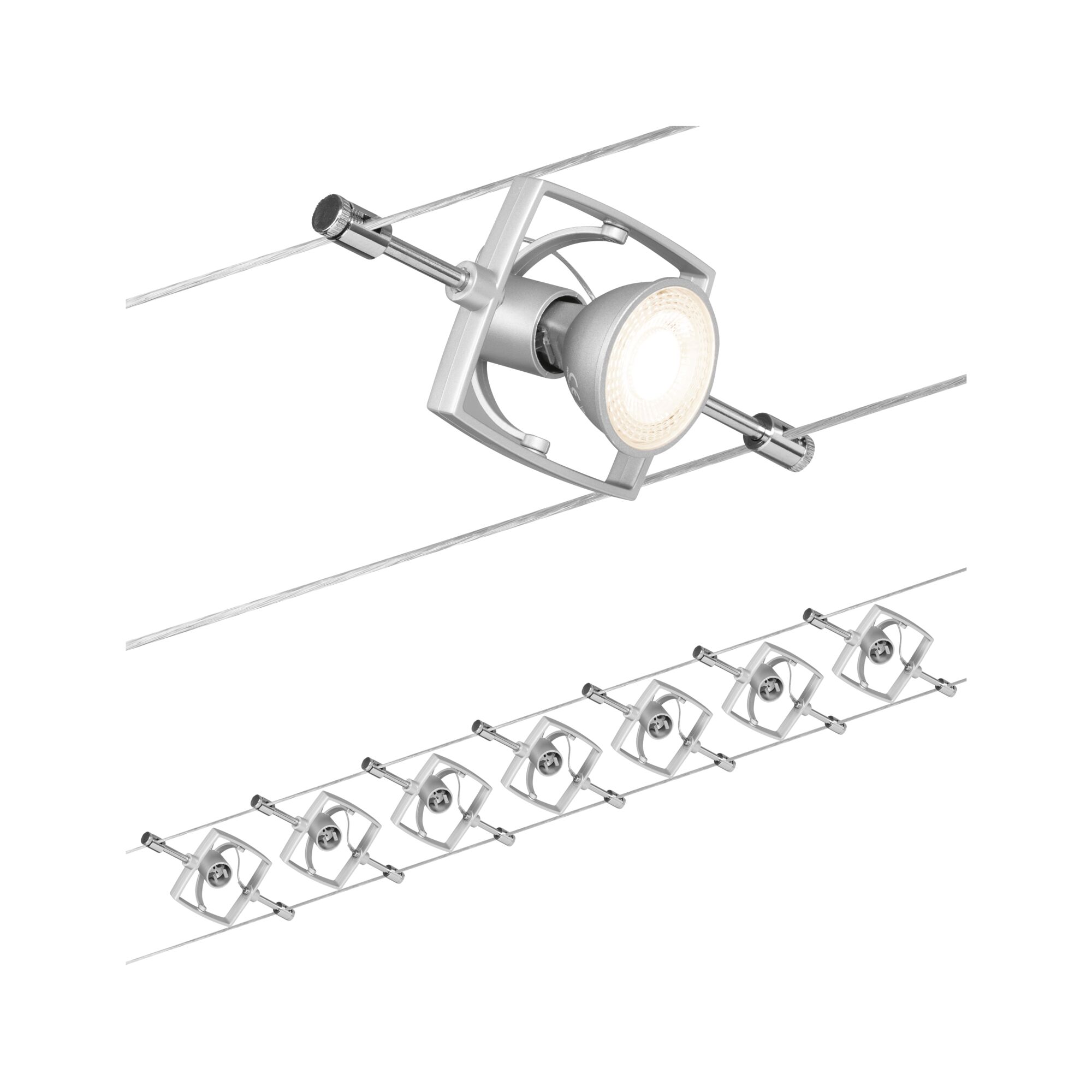Kabelsysteem Mac II Basisset GU5,3 max. 7x10W dimbaar 230/12V Chroom mat Zilveren metalen LED-kabelspot met verstelbare kop voor moderne binnenverlichting