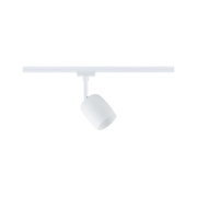 Moderner weißer LED-Strahler aus Metall an Schienensystem für flexible Raumbeleuchtung