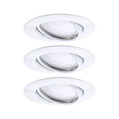 Three white plastic recessed spotlights with adjustable inserts for flexible LED lighting solutions